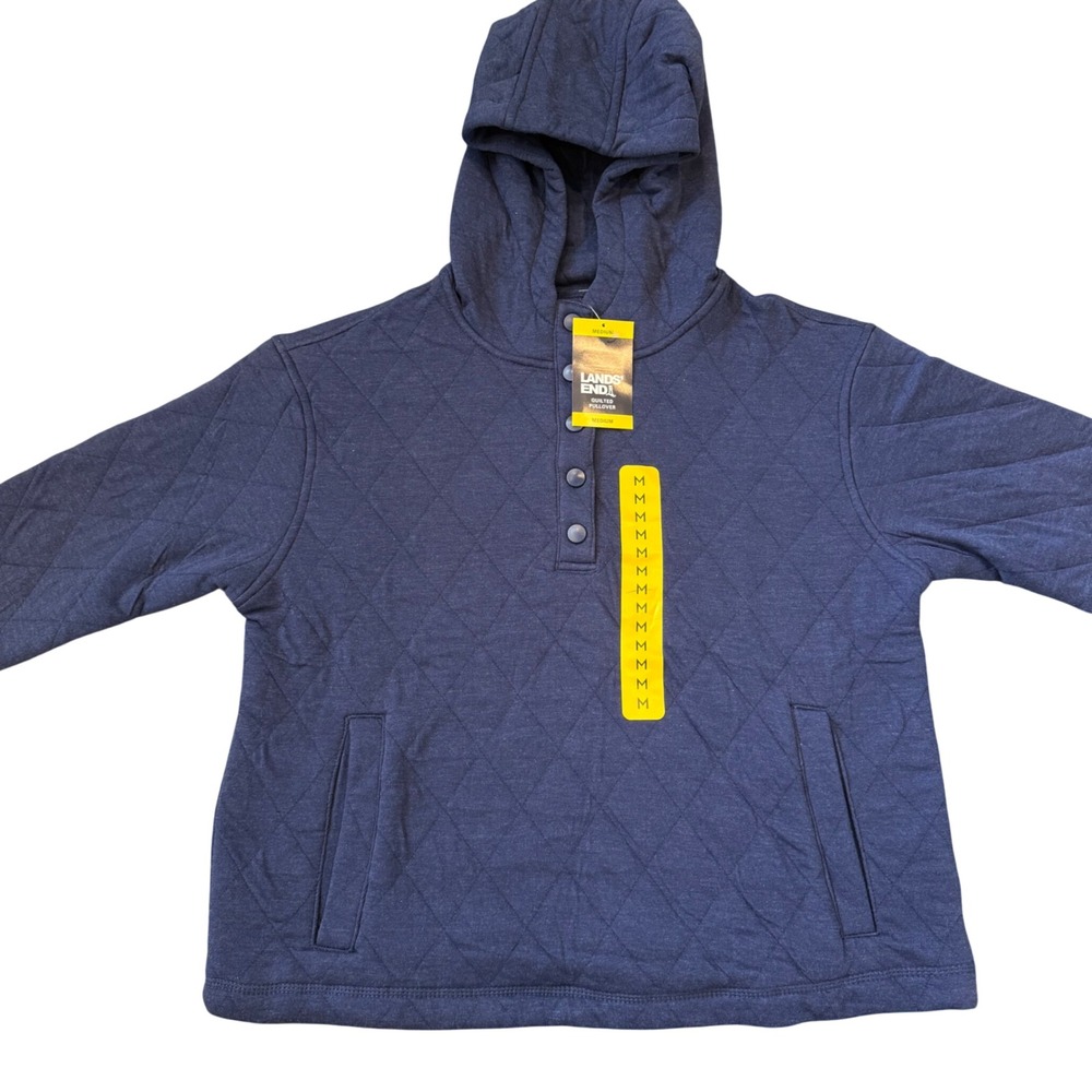 Lands End Womens Navy Blue Quilted Snap Neck Pullover Hoodie Size M 8-10 NEW